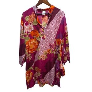Natori Floral Print Tunic‎ Top Blouse Pink Orange Women's Size XL